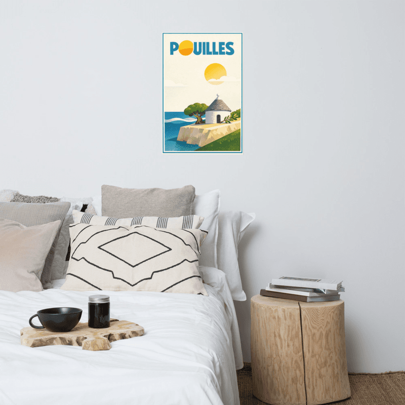 Affiche vintage Pouilles – Poster de voyage rétro, Trulli et paysages méditerranéens, région des Pouilles, Italie