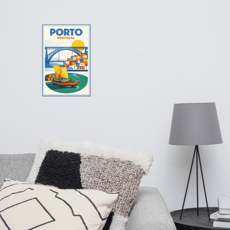 Affiche vintage Porto – Poster de voyage rétro, Pont Dom Luís, Barcos Rabelos, Ribeira, Portugal