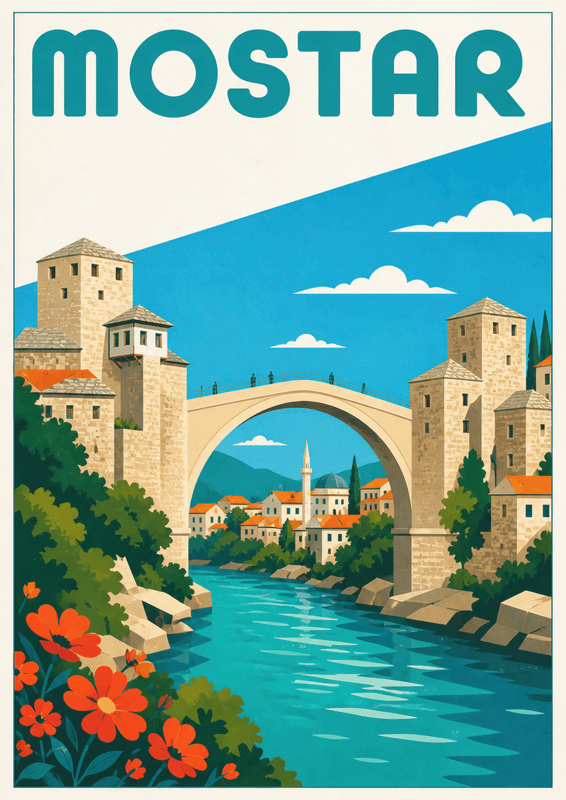 Affiche vintage Mostar – Poster de voyage rétro, Mostar, Bosnie-Herzégovine, EUROPE