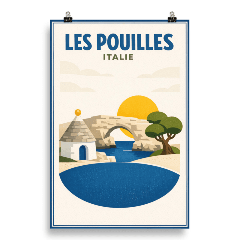 Affiche vintage Les Pouilles – Poster de voyage rétro, Trulli d'Alberobello, Puglia, Italie