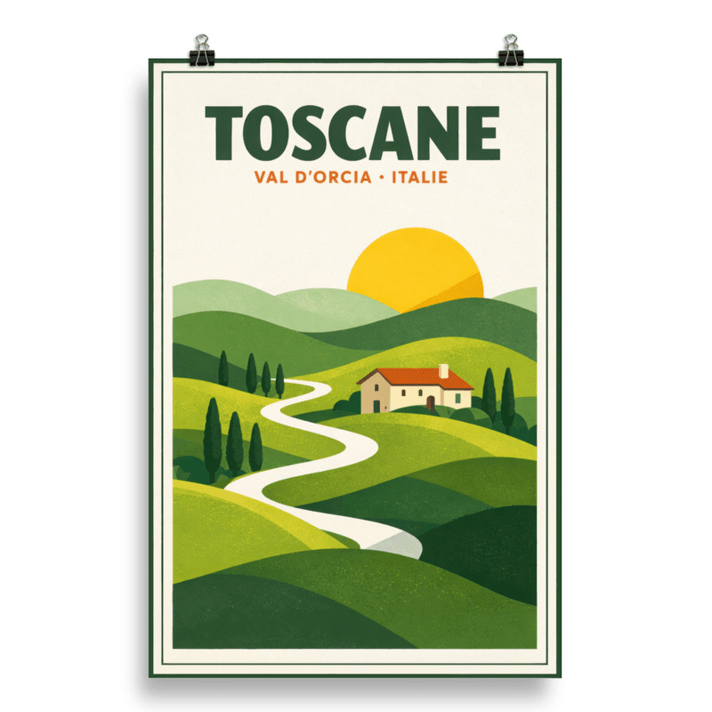Affiche vintage Toscane – Poster de voyage rétro, Val d’Orcia, Cyprès, Collines Dorées, Toscane, Italie
