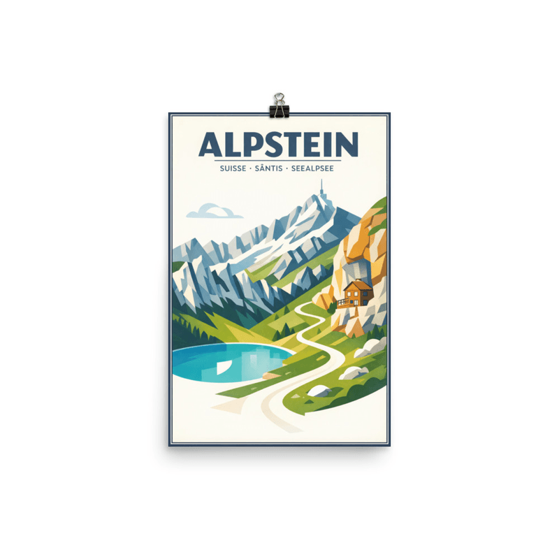 Affiche vintage Alpstein – Poster de voyage rétro, massif de l'Alpstein et lac Seealpsee, Suisse