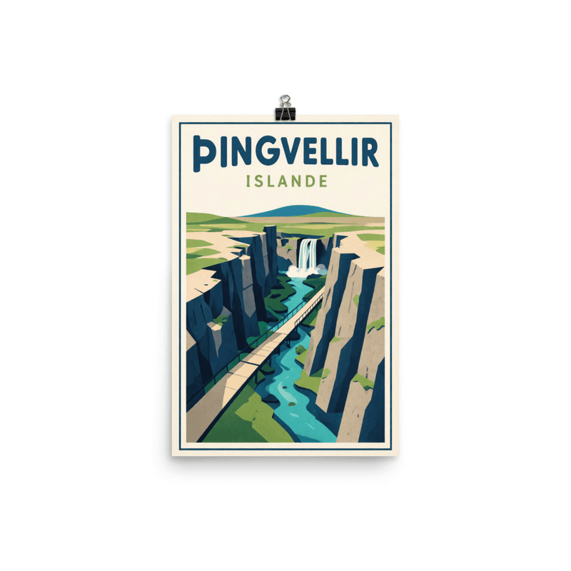 Affiche vintage Þingvellir – Poster de voyage rétro, Gorge et Pont de Bois, Iceland