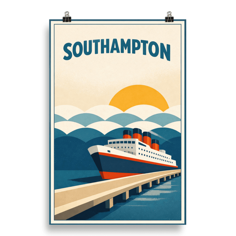 Affiche vintage Southampton – Poster de voyage rétro, paquebot et port maritime, Angleterre