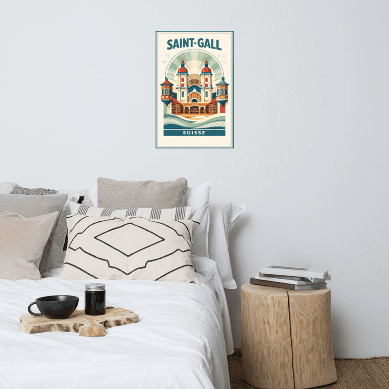 Affiche vintage Saint-Gall – Poster de voyage rétro, abbaye baroque, cathédrale, Suisse