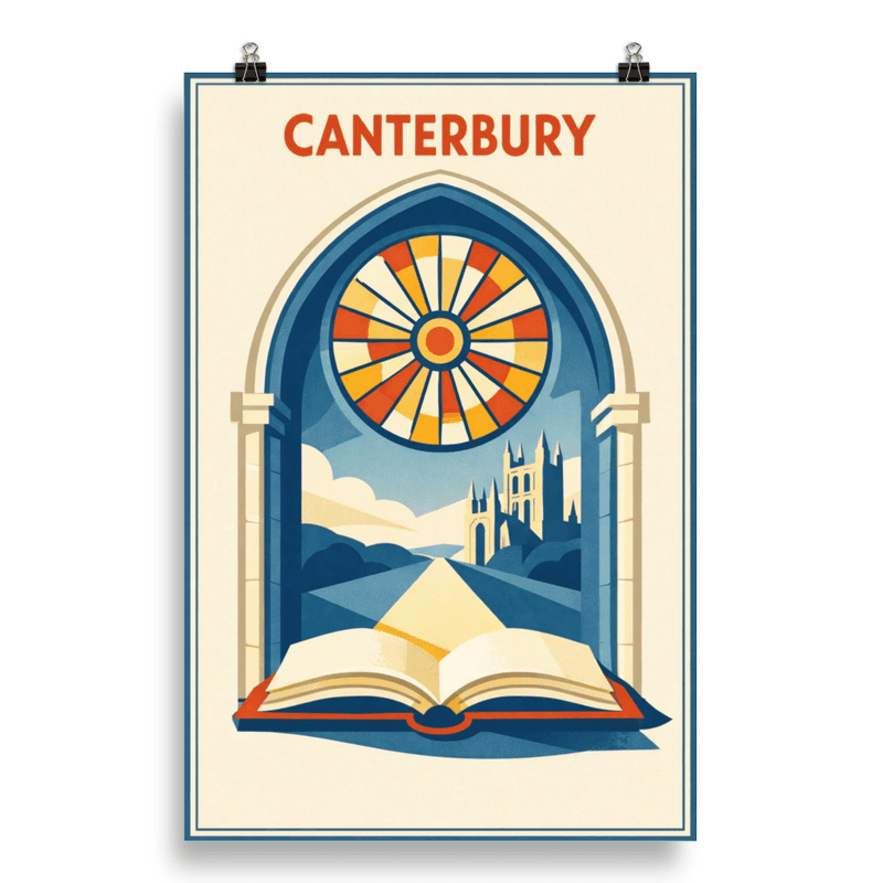 Affiche vintage Canterbury – Poster de voyage rétro, cathédrale gothique et rosace médiévale, Angleterre