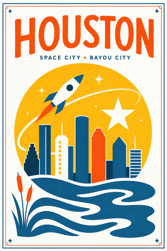 Affiche vintage Houston – Poster de voyage rétro, Houston, États-Unis, AMÉRIQUE DU NORD