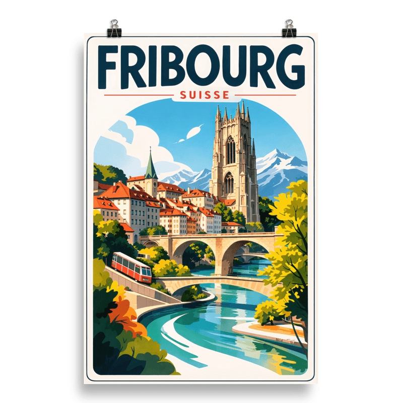 Affiche vintage Fribourg – Poster de voyage rétro, vieille ville médiévale, ponts et cathédrale Saint-Nicolas, Suisse