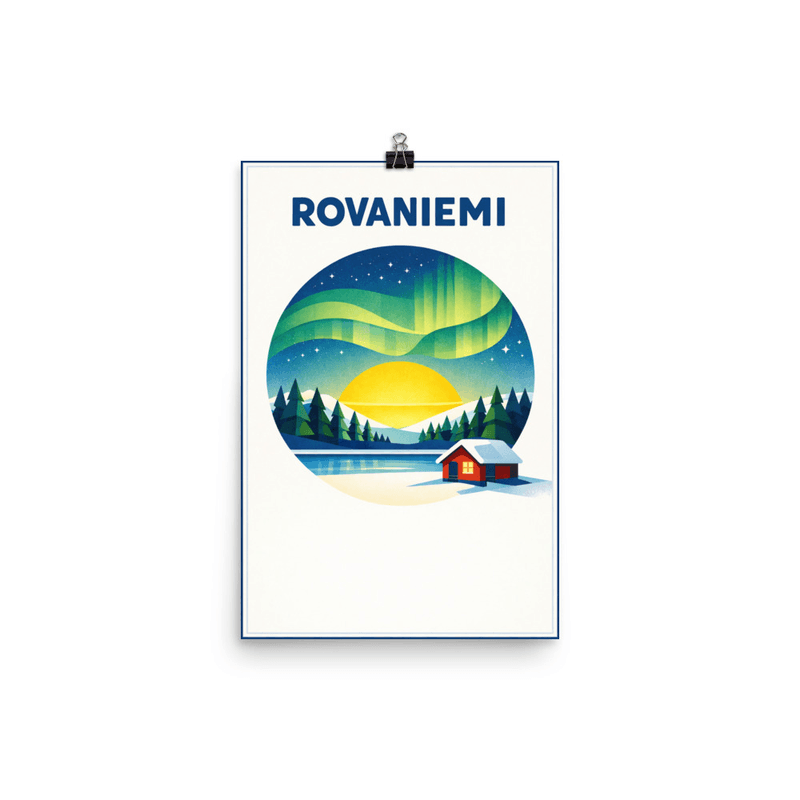 Affiche vintage Rovaniemi – Poster de voyage rétro, Aurores Boréales et Chalet, FINLANDE