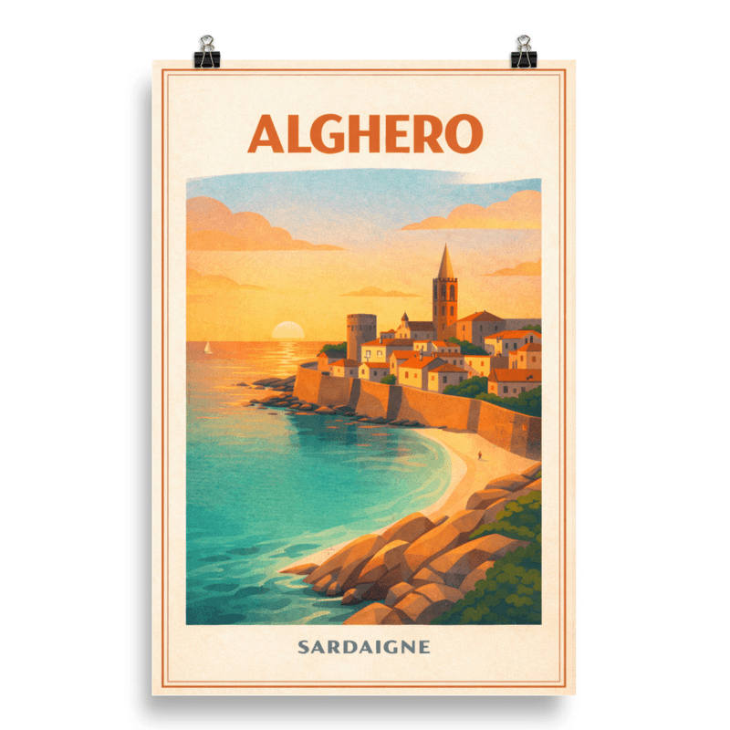 Affiche vintage Alghero – Poster de voyage rétro, Village médiéval, Bord de mer, Sardaigne, Italie