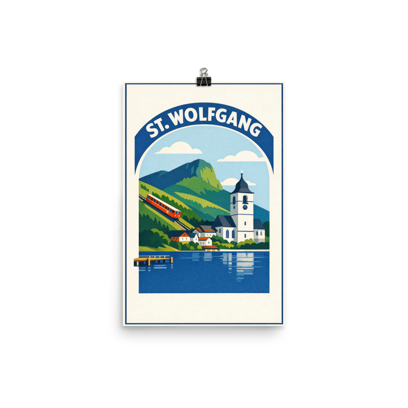 Affiche vintage St. Wolfgang – Poster de voyage rétro, Église et Wolfgangsee, AUTRICHE