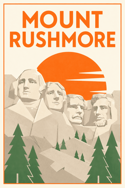 Affiche vintage Mount Rushmore – Poster de voyage rétro, Mount Rushmore, États-Unis, AMÉRIQUE DU NORD