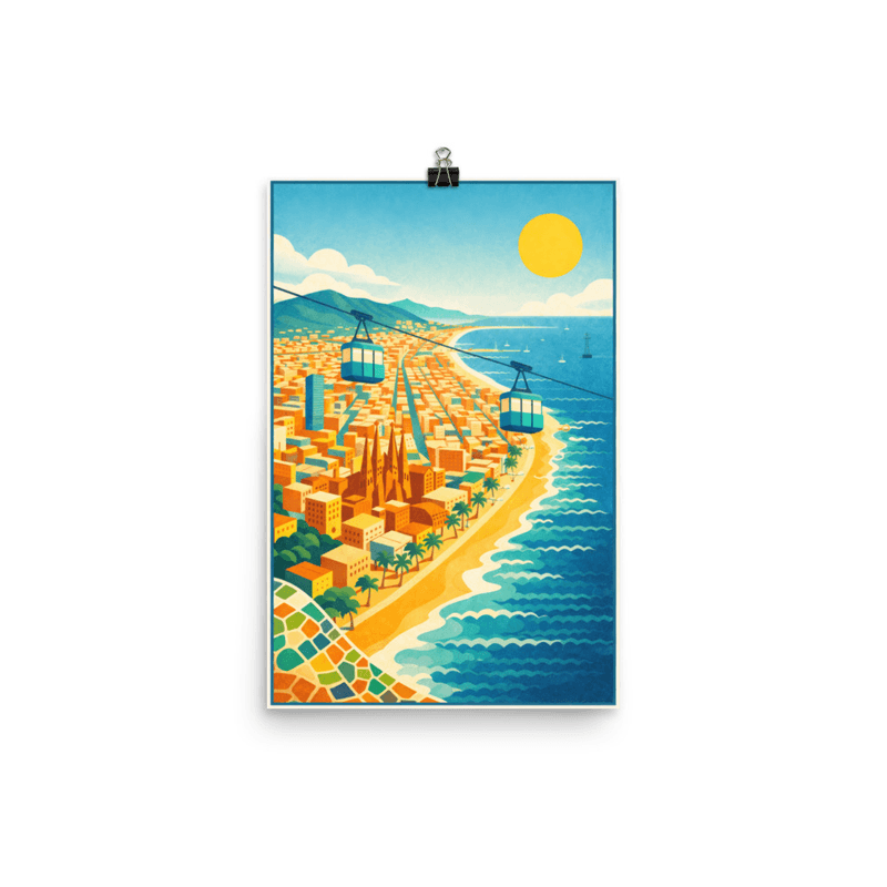 Affiche vintage Barcelone Vue Aérienne – Poster de voyage rétro, Téléphérique, Catalogne, Espagne
