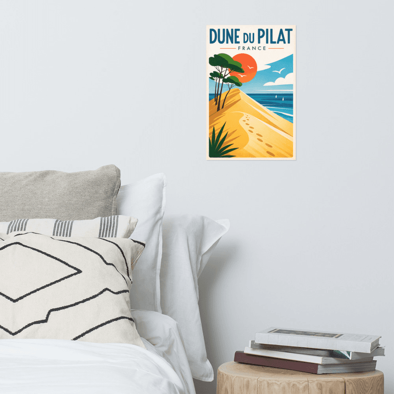 Affiche vintage Dune du Pilat – Poster de voyage rétro, sable, forêt, Arcachon, Gironde, France