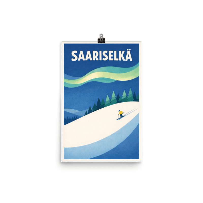 Affiche vintage Saariselkä – Poster de voyage rétro, Ski et Aurores Boréales, FINLANDE