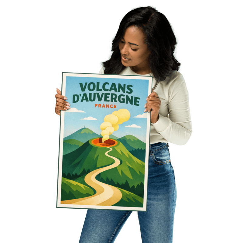 Affiche vintage Volcans d'Auvergne – Poster de voyage rétro, puy, route, prairie, Massif Central, France
