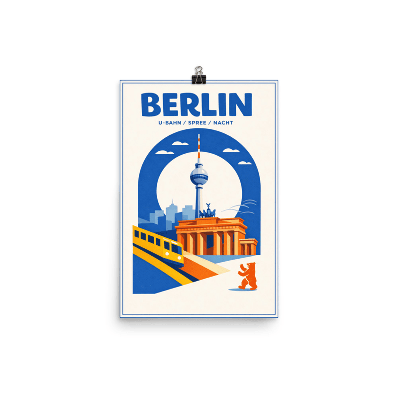 Affiche vintage Berlin – Poster de voyage rétro, Fernsehturm et Porte de Brandebourg, ALLEMAGNE