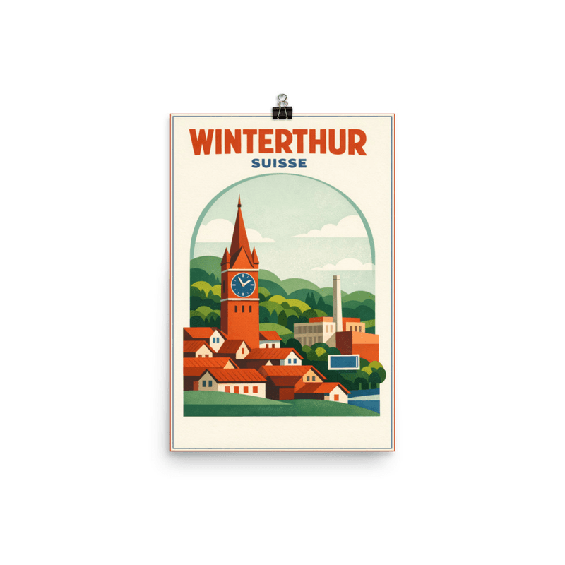 Affiche vintage Winterthur – Poster de voyage rétro, tour de l'horloge et maisons, Zurich, Suisse
