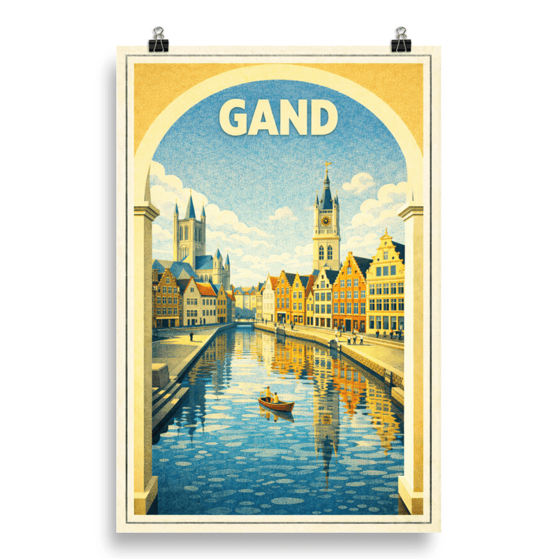 Affiche vintage Gand – Poster de voyage rétro, Graslei et beffrois, Belgique