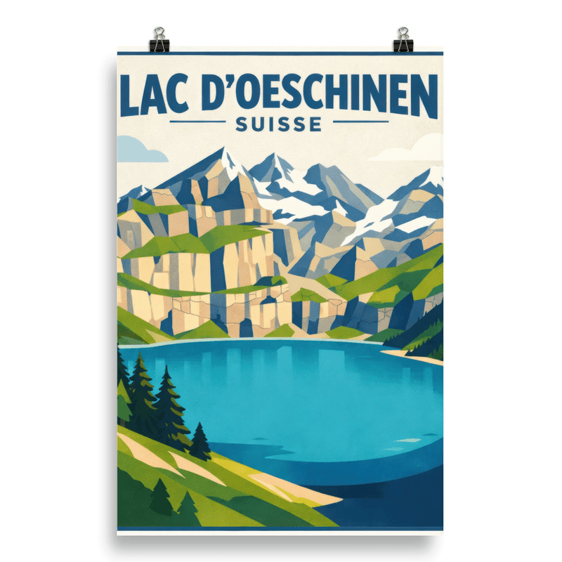 Affiche vintage Lac d'Oeschinen – Poster de voyage rétro, lac alpin et montagnes bernoises, Suisse