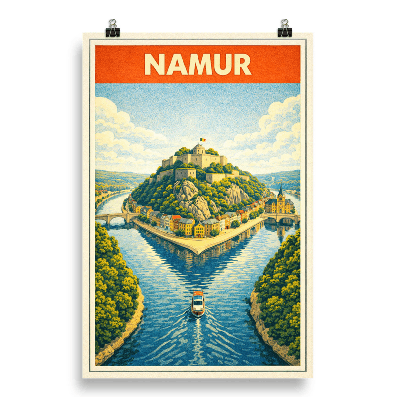 Affiche vintage Namur – Poster de voyage rétro, citadelle et confluent des rivières, Belgique