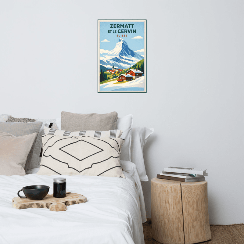 Affiche vintage Zermatt – Poster de voyage rétro, Cervin, village alpin, Suisse