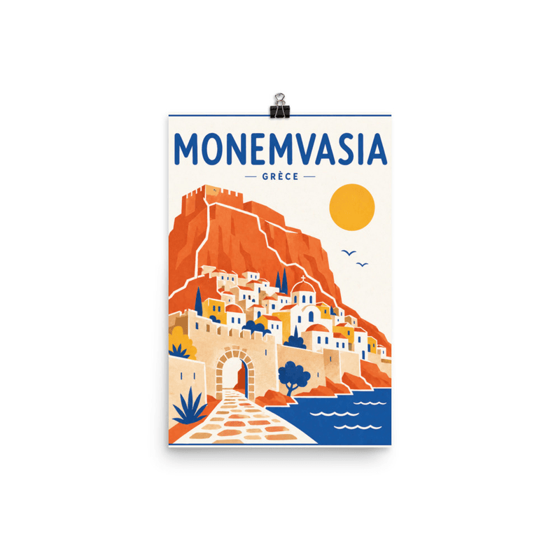 Affiche vintage Monemvasia – Poster de voyage rétro, Citadelle Forte Médiévale Rochers Brise Egée, GRECE