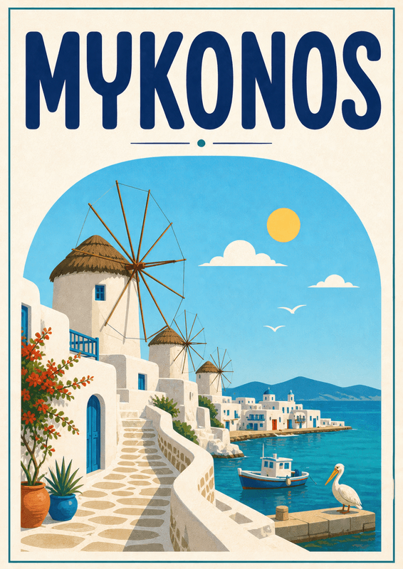 Affiche vintage Mykonos – Poster de voyage rétro, Mykonos, Grèce, EUROPE
