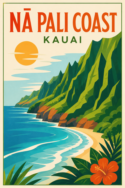 Affiche vintage Nā Pali Coast – Poster de voyage rétro, Nā Pali Coast, États-Unis, AMÉRIQUE DU NORD