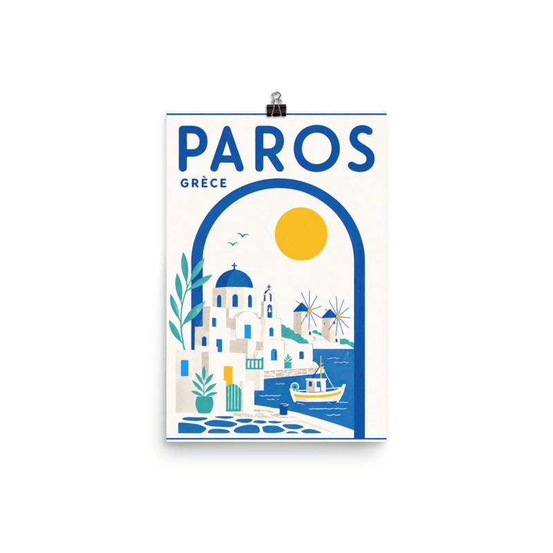 Affiche vintage Paros – Poster de voyage rétro, Village Dômes Bleus Moulins Mer Cyclades, GRECE