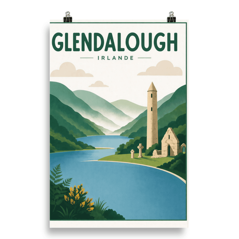 Affiche vintage Glendalough – Poster de voyage rétro, Vallée des Deux Lacs, IRLANDE