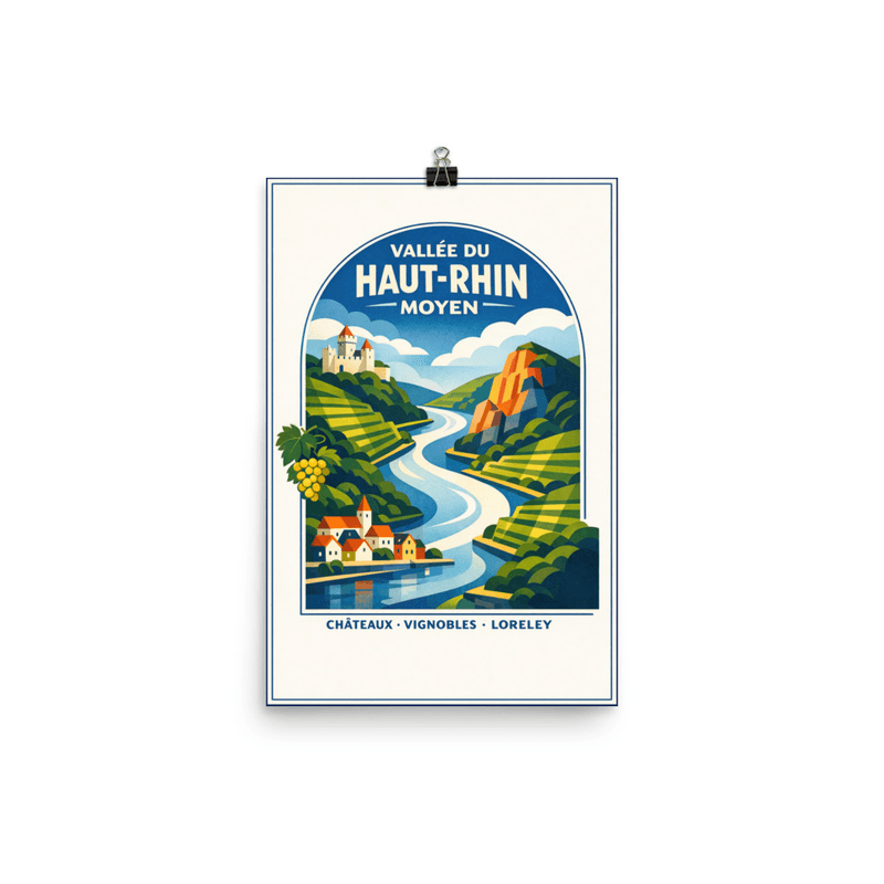 Affiche vintage Vallée du Haut-Rhin Moyen – Poster de voyage rétro, Châteaux et Vignobles, Loreley, ALLEMAGNE