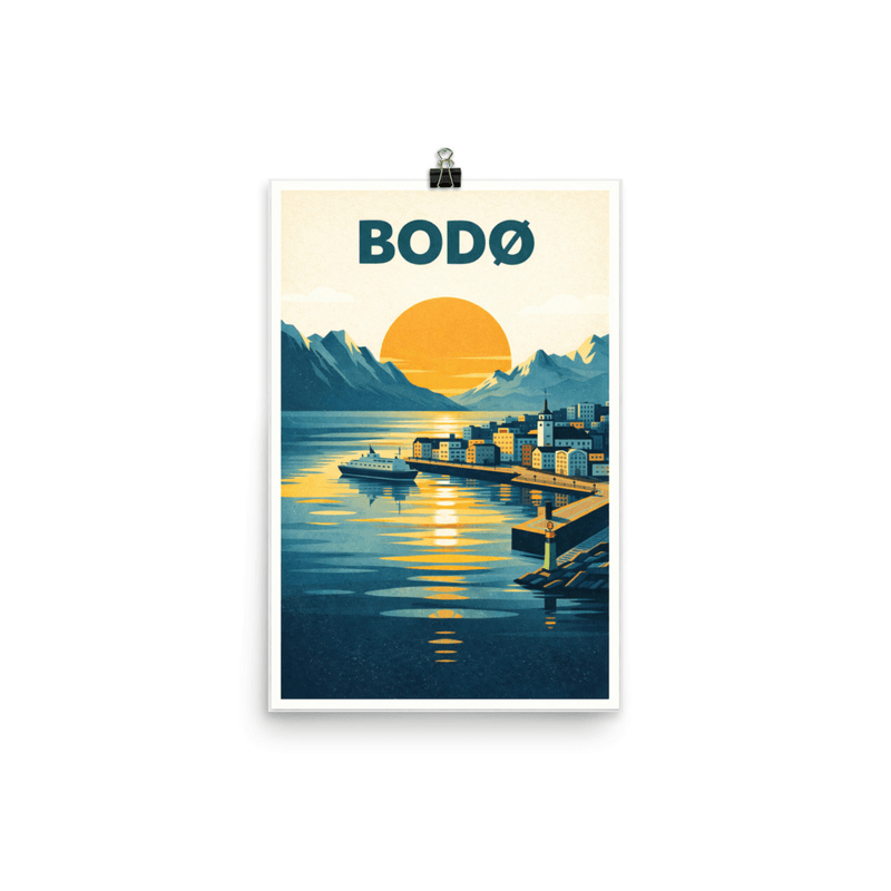 Affiche vintage Bodø – Poster de voyage rétro, port, soleil de minuit, NORVEGE