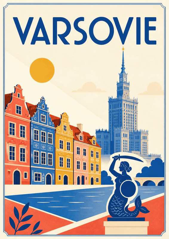 Affiche vintage Varsovie – Poster de voyage rétro, Varsovie, Pologne, EUROPE