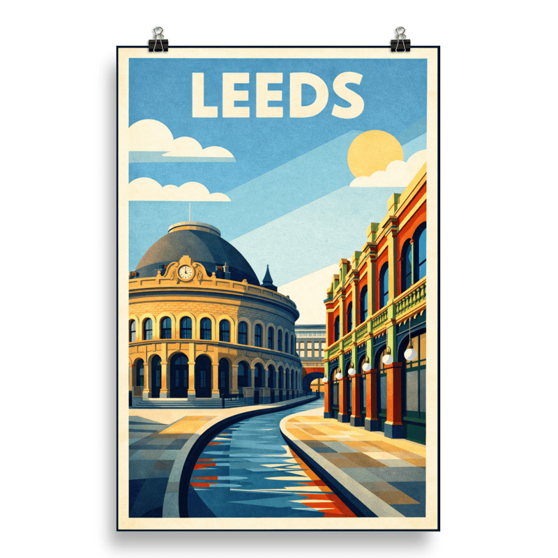 Affiche vintage Leeds – Poster de voyage rétro, Town Hall et Grand Theatre, Angleterre