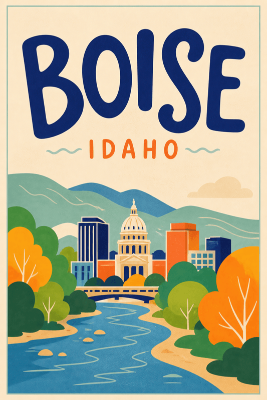 Affiche vintage Boise – Poster de voyage rétro, Boise, États-Unis, AMÉRIQUE DU NORD