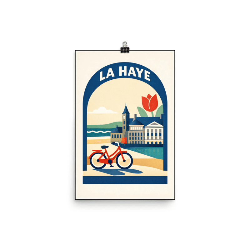 Affiche vintage La Haye – Poster de voyage rétro, tulipe, palais, vélo, PAYS-BAS