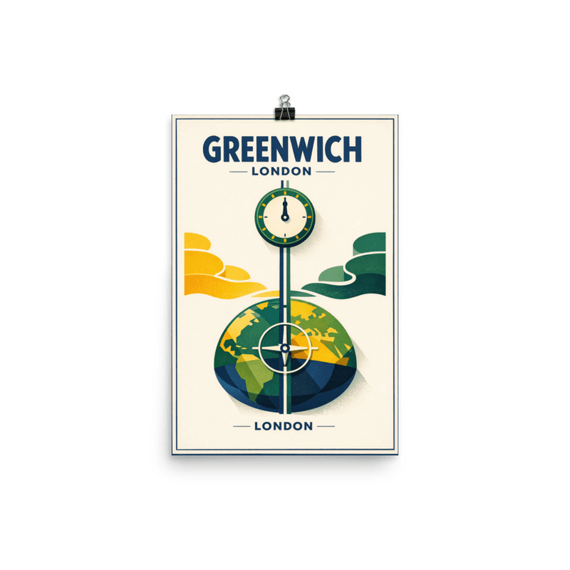 Affiche vintage Greenwich – Poster de voyage rétro, méridien de Greenwich et globe terrestre, Angleterre