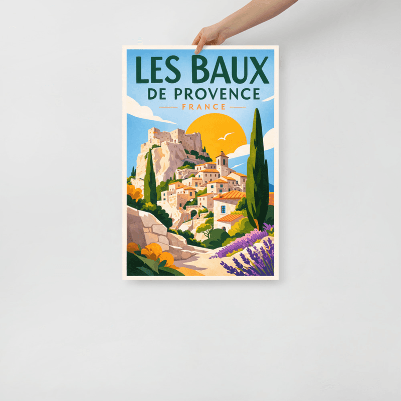 Affiche vintage Les Baux de Provence – Poster de voyage rétro, Village rupestre, Alpilles, Provence, France