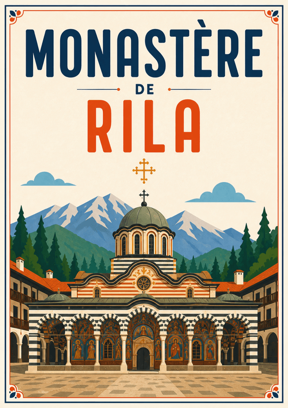 Affiche vintage Monastère de Rila – Poster de voyage rétro, Monastère de Rila, Bulgarie, EUROPE